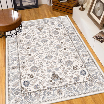 Bungalow Rose Area Rug 8X10 Vintage Bohemia Non-Slip Washable Rug For Living Room Kitchen Bedroom Living Room Flower Design Light Khaki/Beige