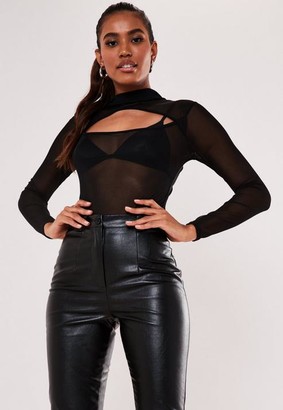 Missguided Black Mesh High Neck Cut Out Bodysuit