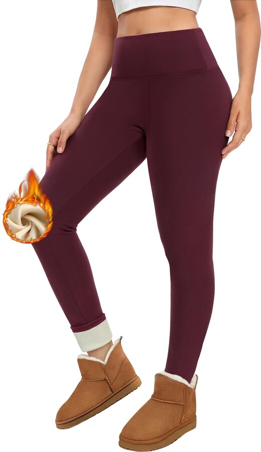 Voqeen Fleece Lined Leggings Women High Waisted Thick Pants Soft Sherpa  Tight Pants Thermal Tummy Control Stretchy Warm Casual Outfits Wine Red