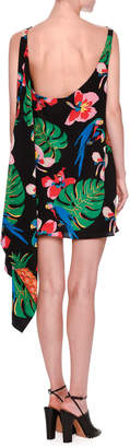 Valentino Tropical-Print Draped-Back Dress, Black/Multi