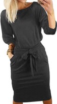 Thumbnail for your product : Heynino Ladies Lightweight Solid Color 3/4 Sleeve Wear to Work Loose Shift Dress with Belted Grey L
