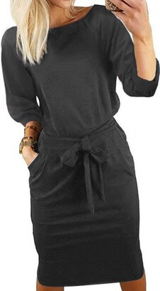 Heynino Ladies Lightweight Solid Color 3/4 Sleeve Wear to Work Loose Shift Dress with Belted Grey L