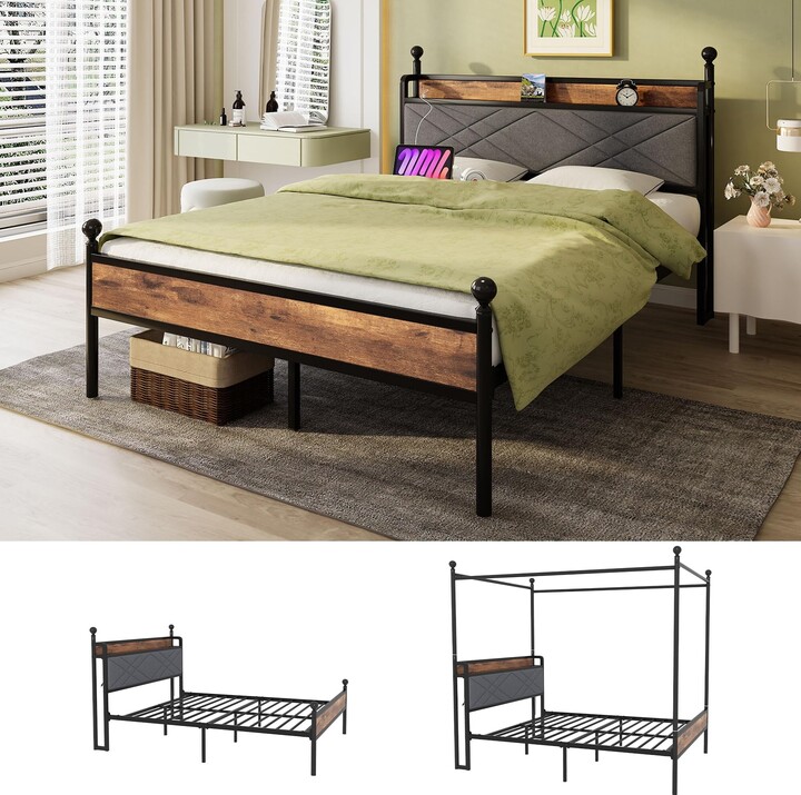 EPOWP Bed Frame with Headboard, Canopy Bed Frame, Storage Headboard