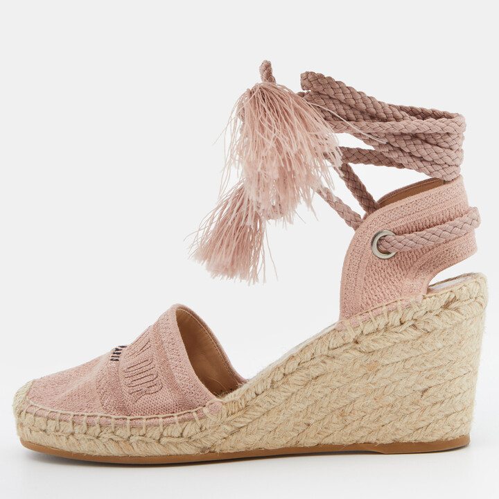 Christian Dior Pink Logo Embroidered Canvas Granville Ankle Tie Wedge  Espadrilles Size 38 - ShopStyle