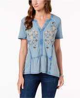 Thumbnail for your product : Style&Co. Style & Co Embroidered Cotton Split-Neck Top
