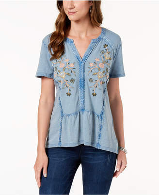 Style&Co. Style & Co Embroidered Cotton Split-Neck Top