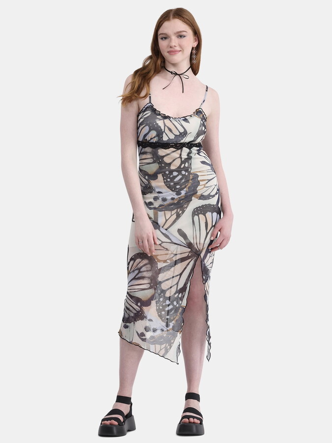 No Boundaries Butterfly Print Mesh Midi Dress, Women’s