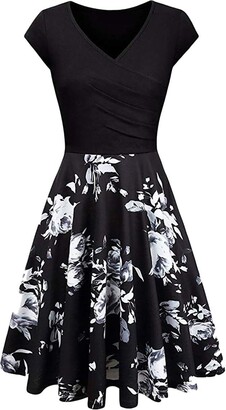 YMING Women's 1950s Vintage Retro Rockabilly Midi Evening Party Dress Floral Print Dress Midi Dress Beige 2XL