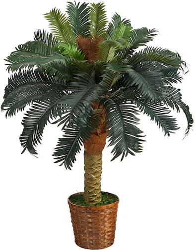 3Ft Sago Palm Tree in Woven Planter By Nearly Natural in Green