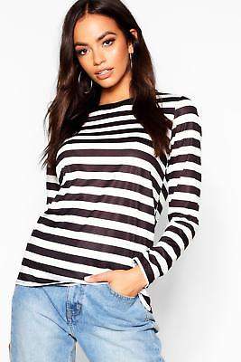 boohoo NEW Womens Long Sleeve Oversized Stripe T-Shirt in Polyester 5% Elastane