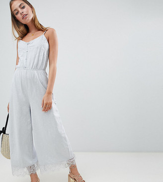 ASOS DESIGN Petite cami jersey jumpsuit with lace trim and button front
