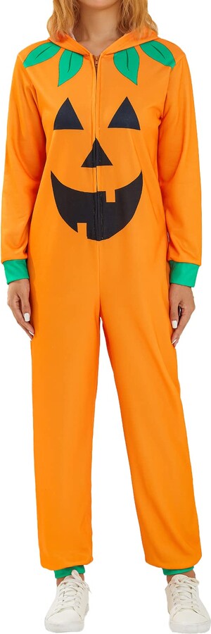 Nensiche Hooded Pumpkin Jumpsuit - Adult Halloween Costume - Long ...