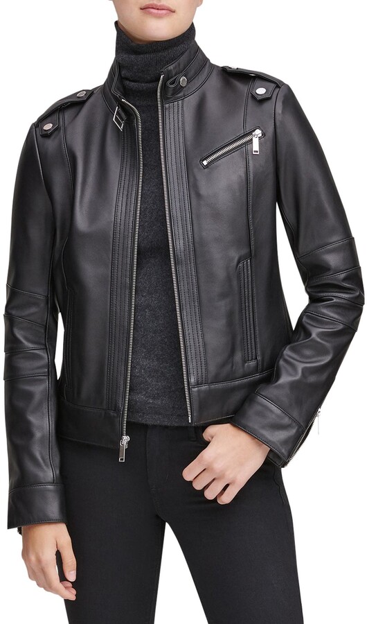 snap collar leather jacket