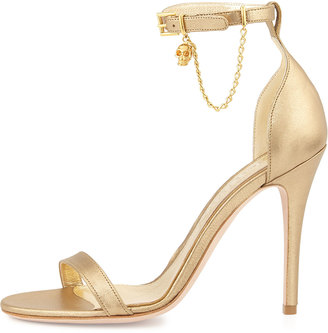 Alexander McQueen Ankle-Wrap High Heel Sandal with Skull Charm, Gold