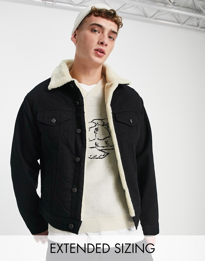 ASOS DESIGN classic denim jacket with borg lining in black - ShopStyle