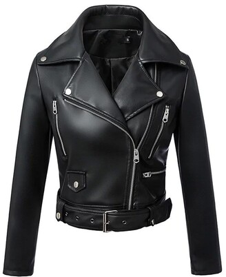 EverNight Women's Faux Leather Jacket Textured Short Moto Jacket Zip-Up Slim PU Biker Coat with Belt