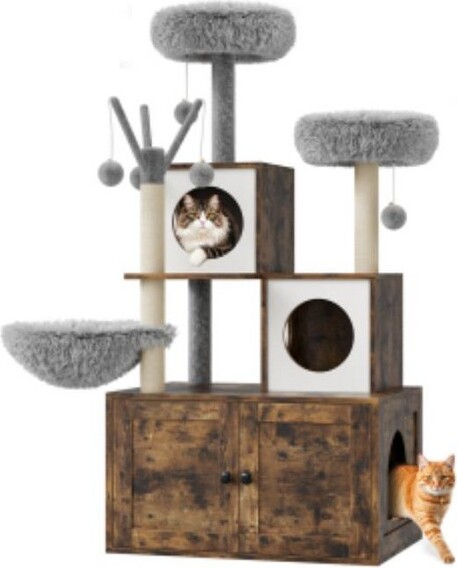 SunnyFurn CatLitterBoxCabinet81withCatTree(PBBoard+Plush)-Oak+LightGray