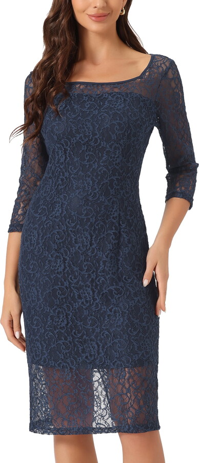 DARING DIVA Lace 3/4 Sleeve Dress Square Neck Midi Straight Tired XS Navy Blue