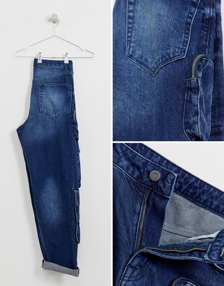 ASOS Design DESIGN baggy fit cargo jeans with multi pocket in dark wash blue