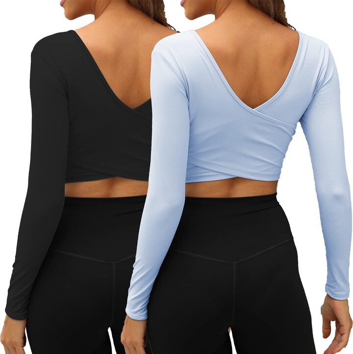Seamless Workout Shirts for Women V Neck Long Sleeve Crop Yoga