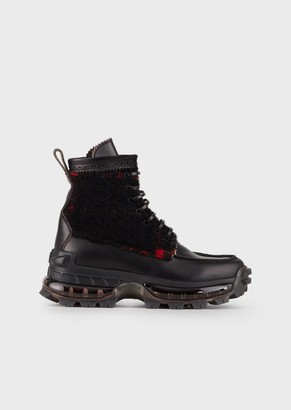 Emporio Armani Leather Combat Boots With Woollen, Plaid Details - ShopStyle