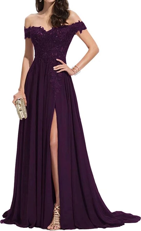 HYEC7 Women's Lace Appliques Chiffon V Neck Evening Dress Off Shoulder ...