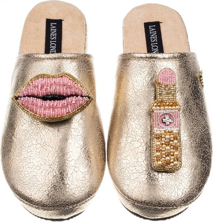 Laines London Gold Softie Slippers With Pink Lipstick & Lips Brooches