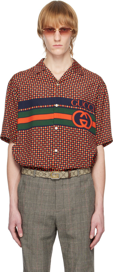 Gucci Multicolor GG Stripe Silk Bow Front Collar Silk Shirt M Gucci