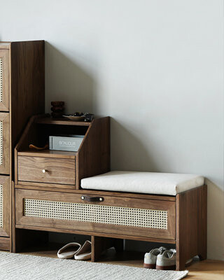 Scandinavian Solid Wood Shoe Storage Bench with Drawer and Rattan Inlay