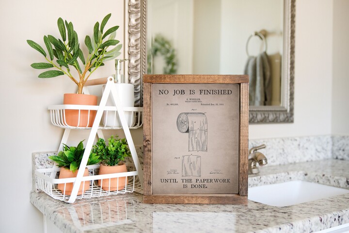 Toilet Paper Roll Patent Pine Wood Framed Canvas Sign | No Job Is Finished Until The Paperwork Done Funny Bathroom Humor