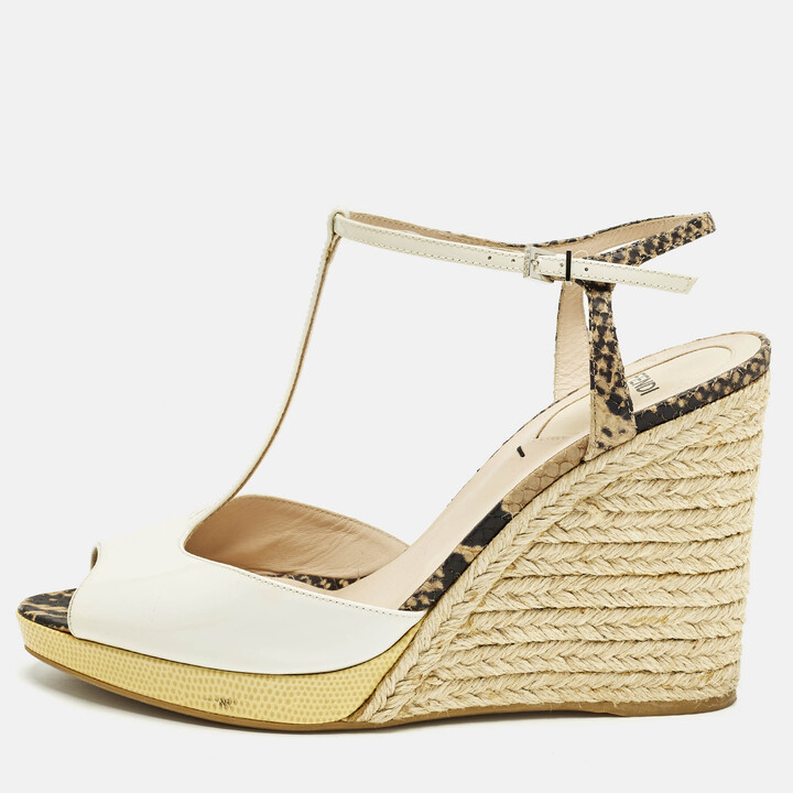 Fendi Elodie Size 39 Multicolor Patent Leather and Python Embossed Leather Wedge Sandals