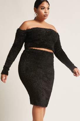 Forever 21 Plus Size Fuzzy Knit Off-the-Shoulder Crop Top & Skirt Set