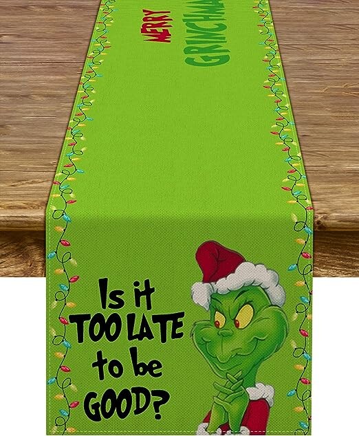 Merry Grinchmas Table Runner Christmas Xmas Buffalo Plaid Check Winter Holiday Party Decoration Fireplace Kitchen Dinning Home Decor (Green, 13" x 72")