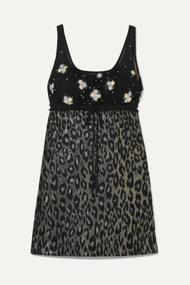 Miu Miu Embroidered Tulle And Leopard-print Jacquard Mini Dress - Black