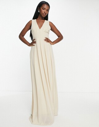 TFNC Bridesmaid chiffon v front maxi dress with pleated skirt in mink