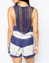 Thumbnail for your product : Liquorish Beach Romper In Tie Dye With Crochet Back