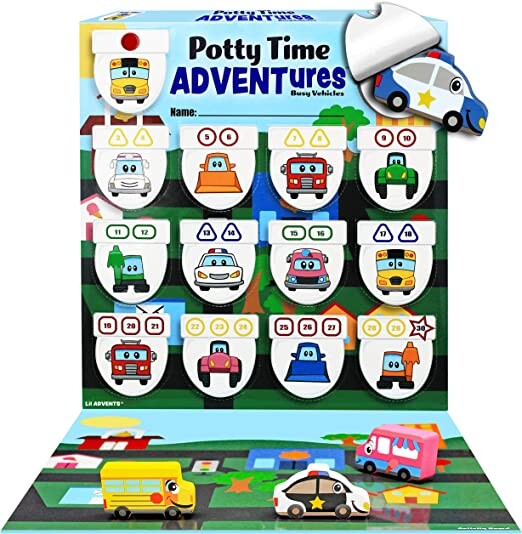 LIL ADVENTS Potty Time Adventures Potty Training Game - 14 Wood Block Toys, Chart, Activity Board, Stickers and Reward Badge for Toilet Training - Busy Vehicles
