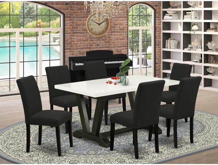 East West Furniture 7-Piece Rectangle Natural Oak Finish Solid Wood Top Dining Set with 1-table and 6-Upholstered Chairs with Lattice Back