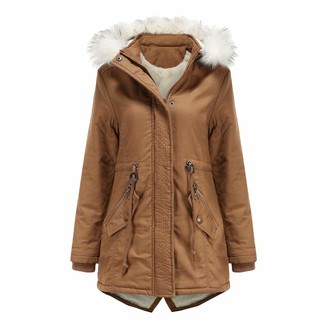Ketamyy Women's Parka Removable Faux Fur Hooded Coats Winter Warm Fleece Lined Long Cotton Jacket with Pockets Loose Fit Split Hem Zipper Khaki XL