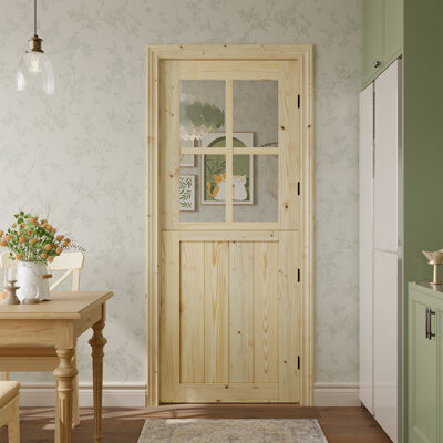 SMARTSTANDARD Not Prehung, Unfinished 4-Lite Clear Glass And Solid Wood Dutch Door Slab With Hardware Kit