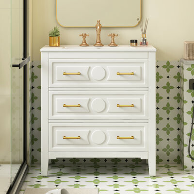 Wyoming 30'' Retro Style White Bathroom Vanity , With Adjustable Soft - Close Hinges, Board, And Solid Wood Frame Ceramic Sink, Gold Metal Handle, Amp