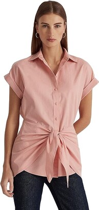 LAUREN Ralph Lauren Tie Front Cotton Broadcloth Shirt (Rose Tan) Women's Clothing