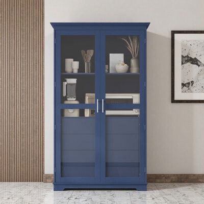 Ebern Designs Blue Farmhouse Freestanding Kitchen Display Cabinet with Glass Doors & 4 Drawers - 44.7\