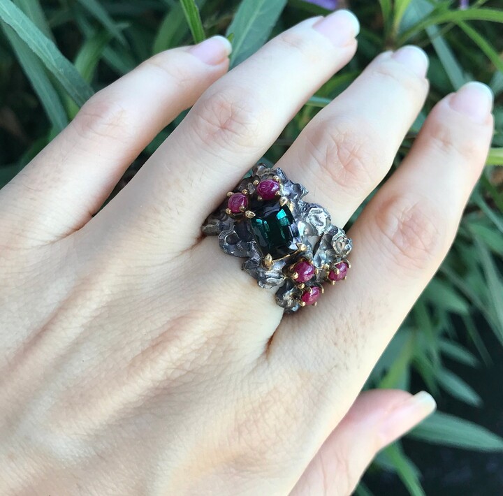 Etsy statement Rustic Cluster Gothic Wide Band - Green Tourmaline Ruby Multistone Textured Oxidized One Of A Kind Unisex Artisan Jagged Band