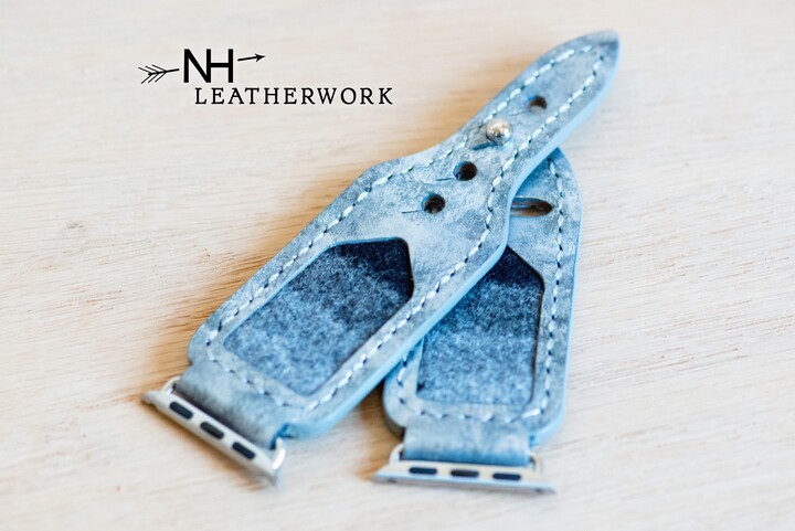 Leather Watch Band Southwestern Wool Silver & Gray Inlay For Apple 38mm 40mm 41mm 42mm 44mm 45mm 46mm 49mm Samsung Galaxy Ultra 47 8