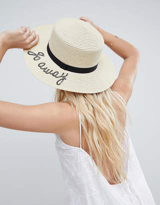 ASOS DESIGN Straw Boater with Go Away Slogan and Size Adjuster