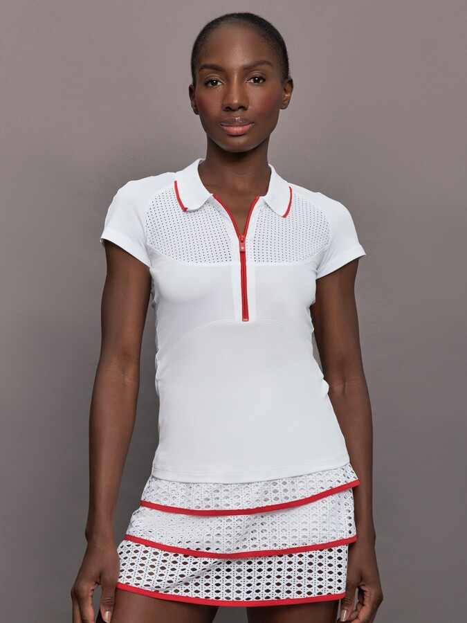L'Etoile Sport Mesh Zip Performance Polo - White with Red Trim