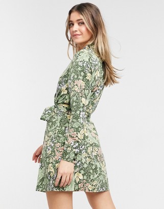 Monki Lisen recycled leaf print mini shirt dress in green - ShopStyle