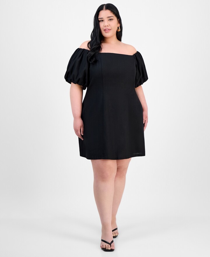 Bar Iii Trendy Plus Size Bubble-Sleeve Off-The-Shoulder Dress, Exclusively at Macy's