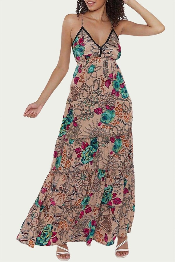 Raga Sapana Tiered Floral-Print Maxi Dress In Beige